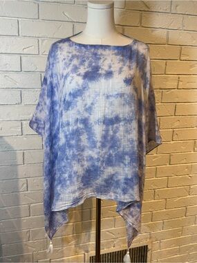 J. Jill Lightweight Blue Tie-Dye Poncho Top With Tassels Womens One Size NWT